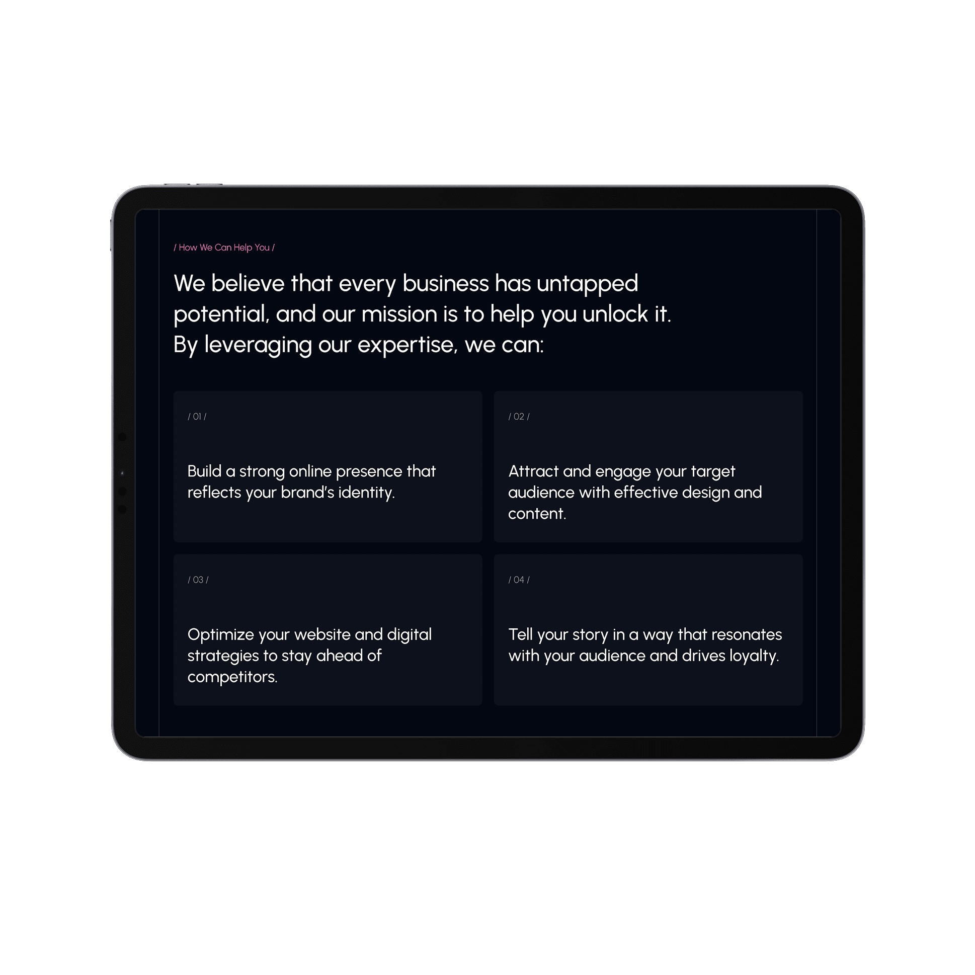 Landscape-oriented tablet with a website on the screen
